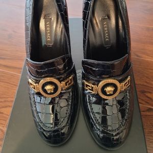 Versace Patent Mock Croc Loafer Heels - black